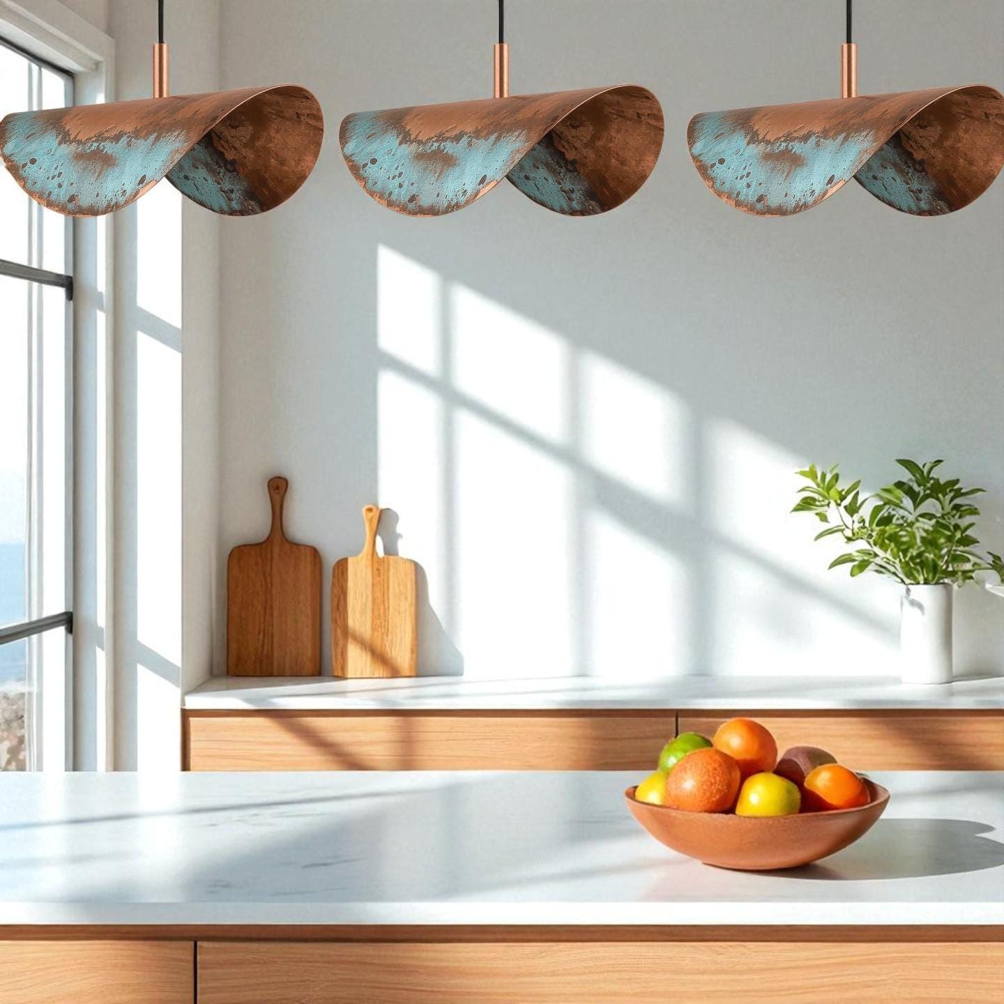 Rustic Copper Patina Pendant Light: Wavy Industrial Hanging Lamp