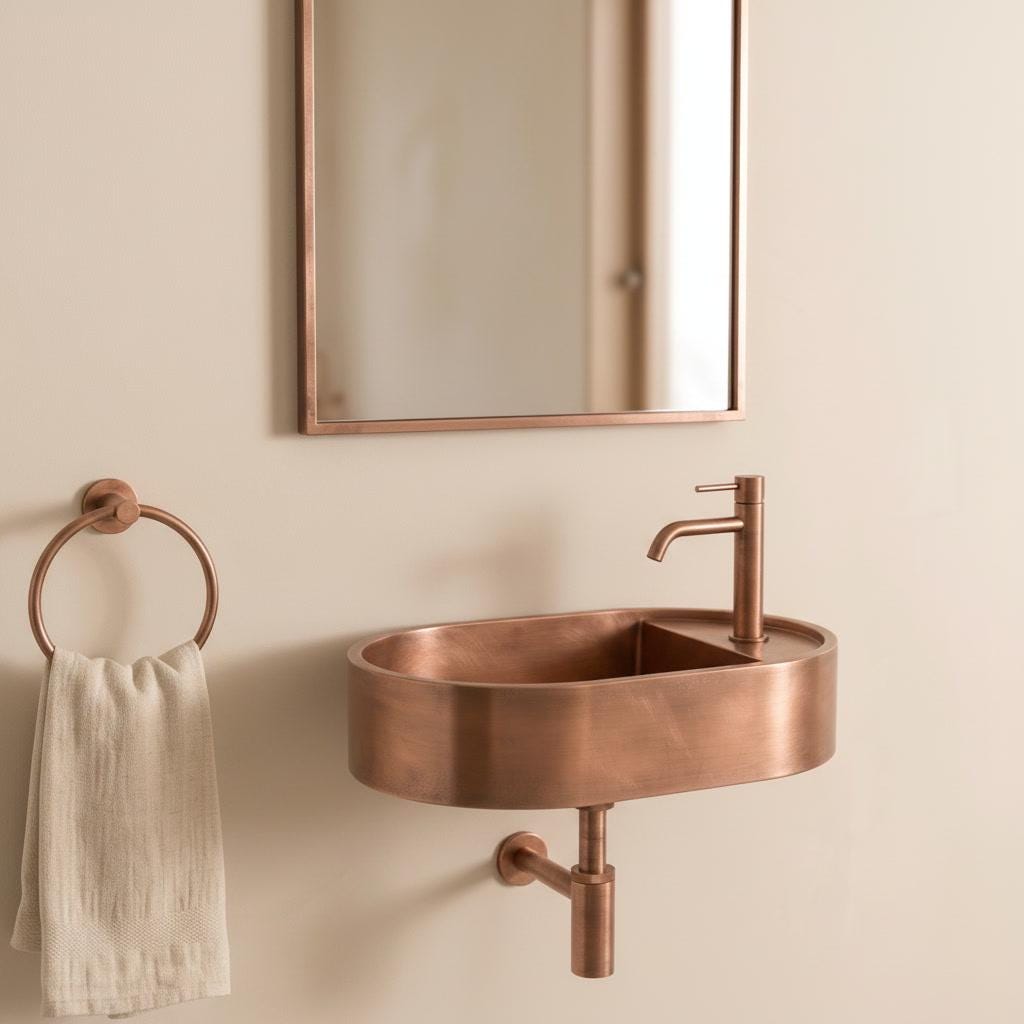 Rustic Copper Sink, Floating Vanity Washbasin - Wall Hung Oval Basin, Wabi Sabi Bathroom Decor, Farmhouse Vessel Sink, Lavatory