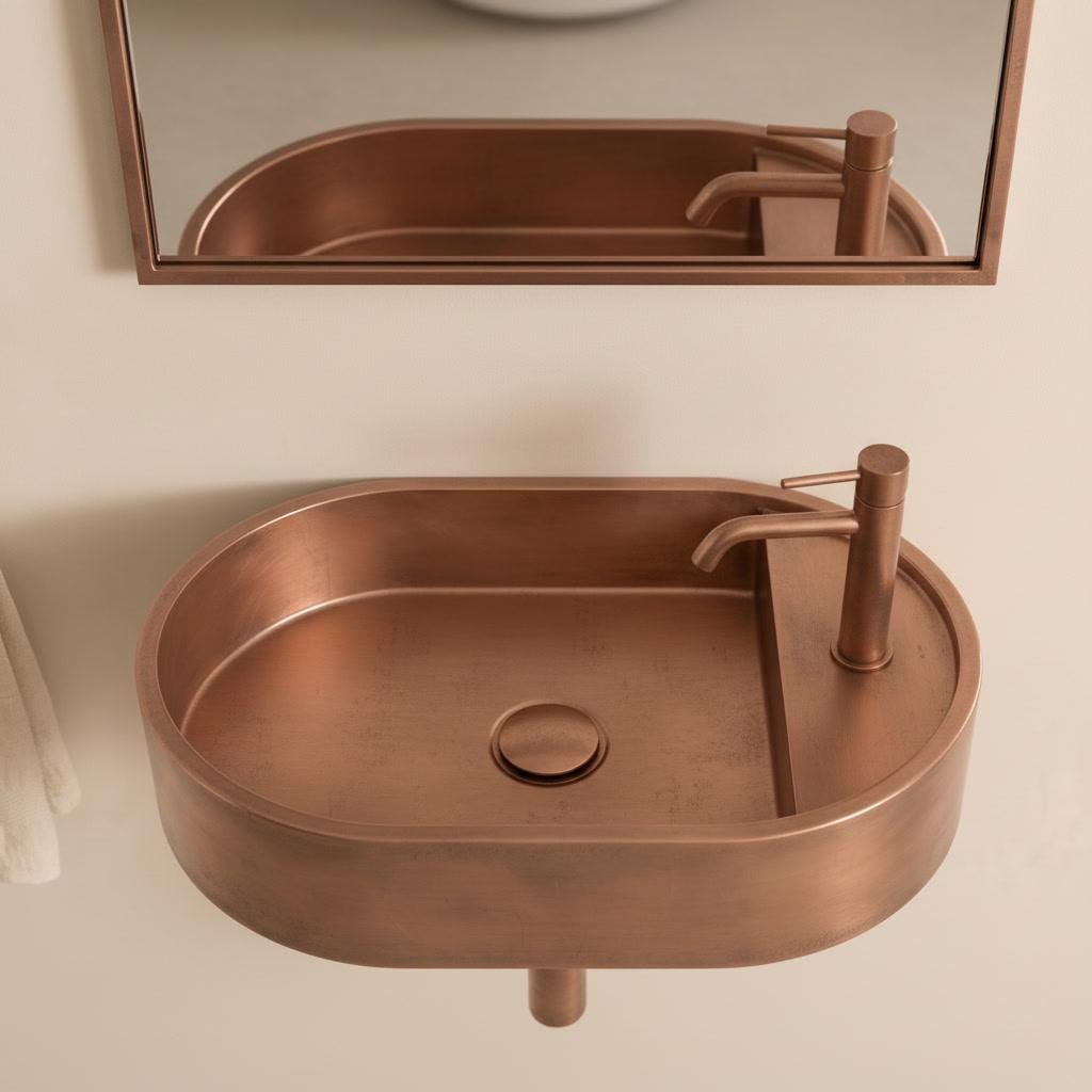 Rustic Copper Sink, Floating Vanity Washbasin - Wall Hung Oval Basin, Wabi Sabi Bathroom Decor, Farmhouse Vessel Sink, Lavatory