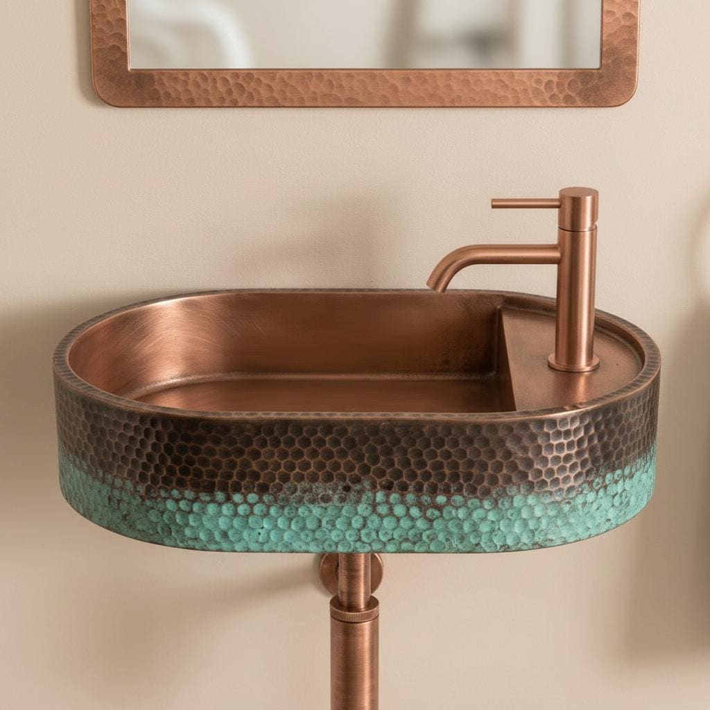 Rustic Copper Sink, Wall Mounted Oval Washbasin - Verdigris Patina Vessel Sink, Green Blue Floating Basin, Farmhouse Bathroom Decor