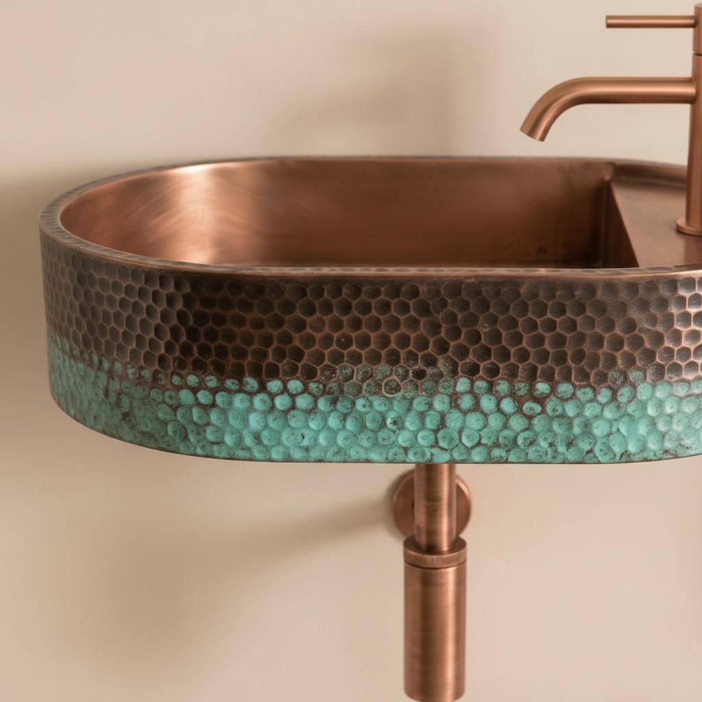 Rustic Copper Sink, Wall Mounted Oval Washbasin - Verdigris Patina Vessel Sink, Green Blue Floating Basin, Farmhouse Bathroom Decor