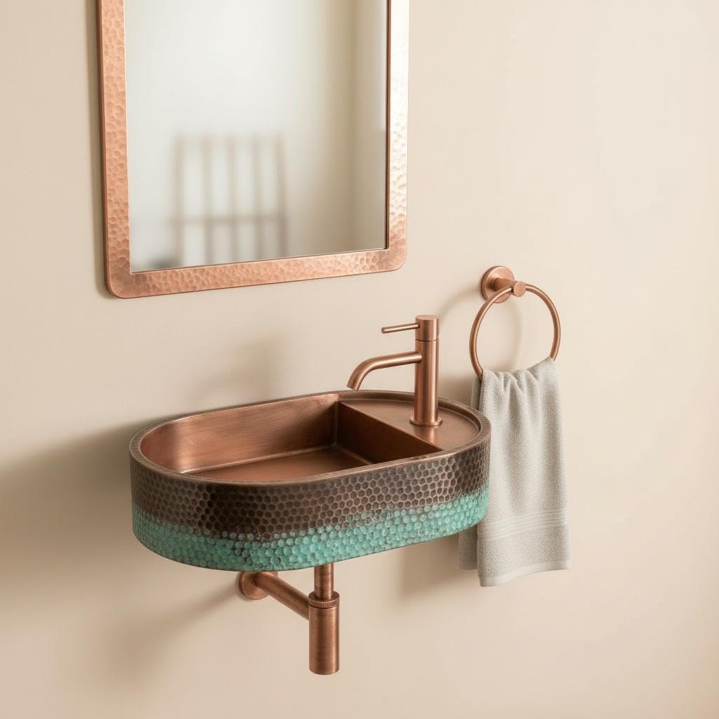 Rustic Copper Sink, Wall Mounted Oval Washbasin - Verdigris Patina Vessel Sink, Green Blue Floating Basin, Farmhouse Bathroom Decor