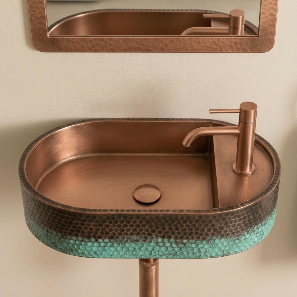 Rustic Copper Sink, Wall Mounted Oval Washbasin - Verdigris Patina Vessel Sink, Green Blue Floating Basin, Farmhouse Bathroom Decor
