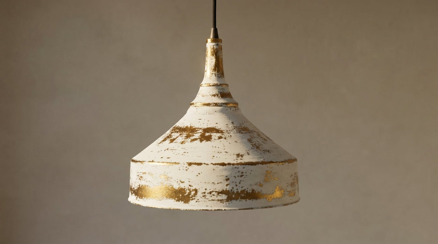 Rustic White Patina Brass Pendant Light - Farmhouse Dome Lamp