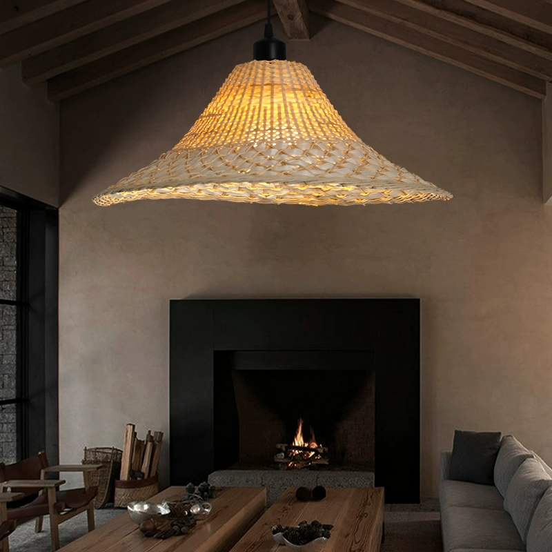Savannah Bell Wicker Bamboo Light fixture in living room