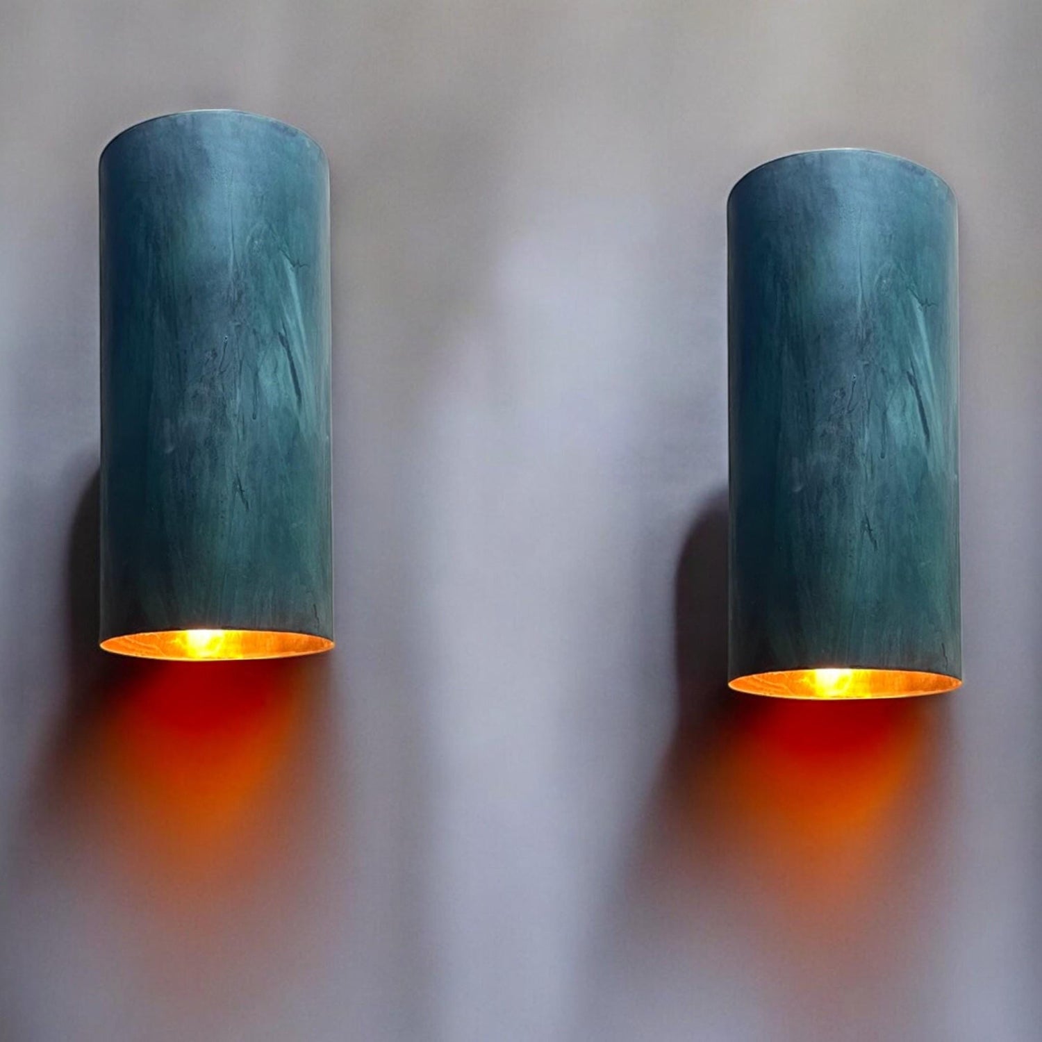 Set of 2 Oxidized Copper Cylinder Wall Sconces - Green Patina