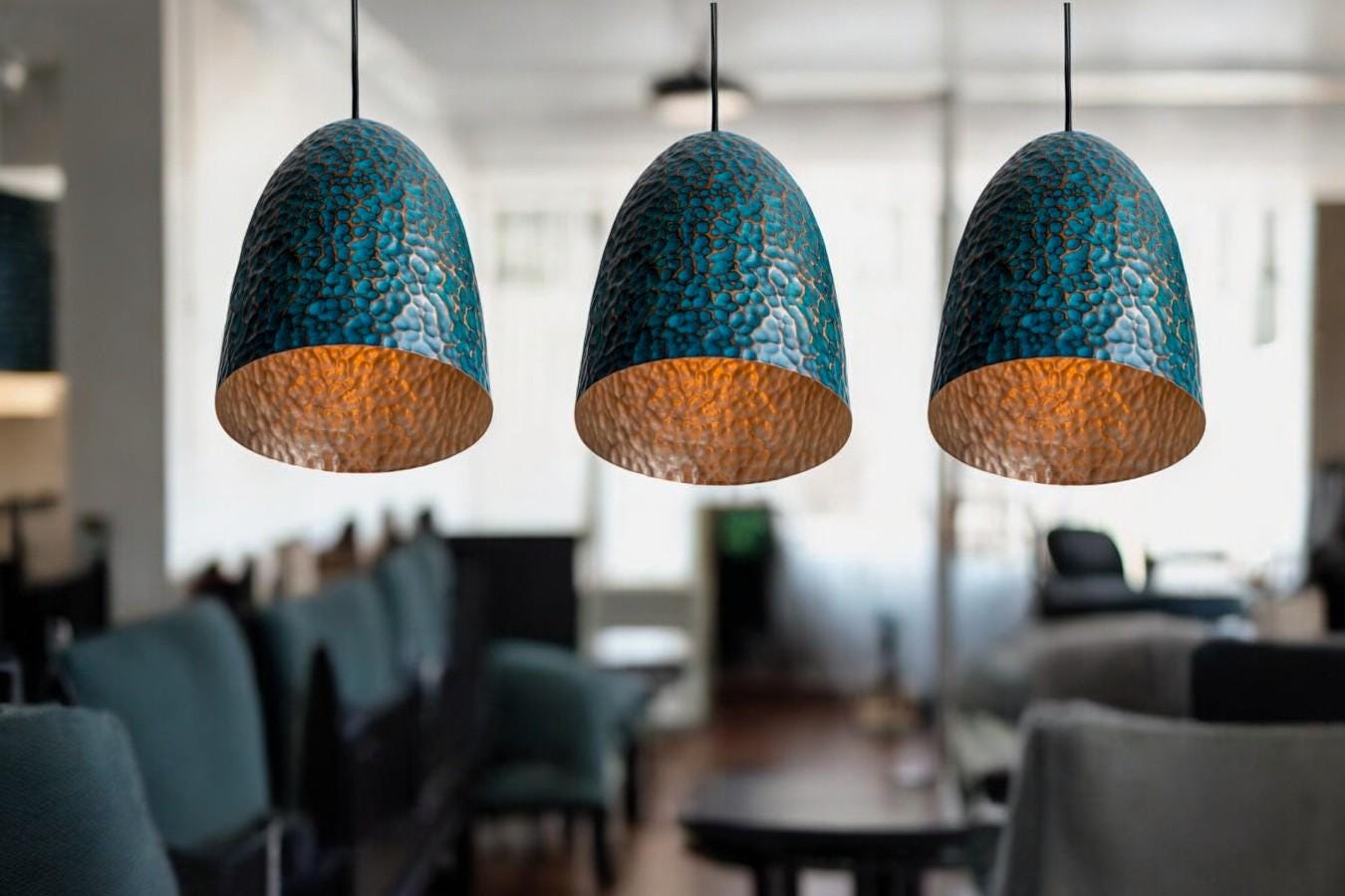 Set of 3 Oxidized Copper Pendant Lamps - Hammered Kitchen Island Lights
