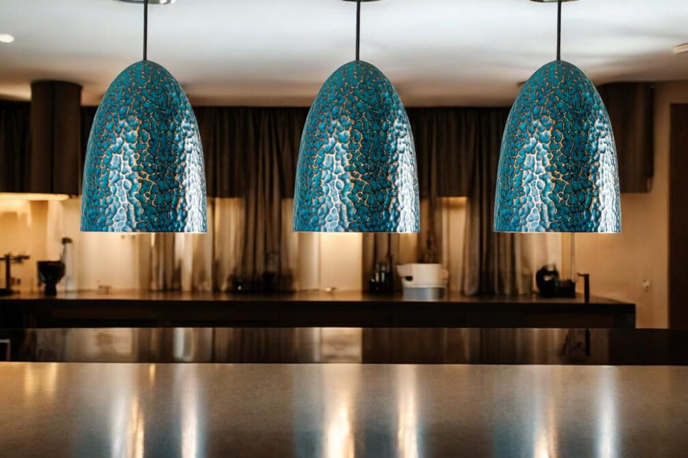 Set of 3 Oxidized Copper Pendant Lamps - Hammered Kitchen Island Lights