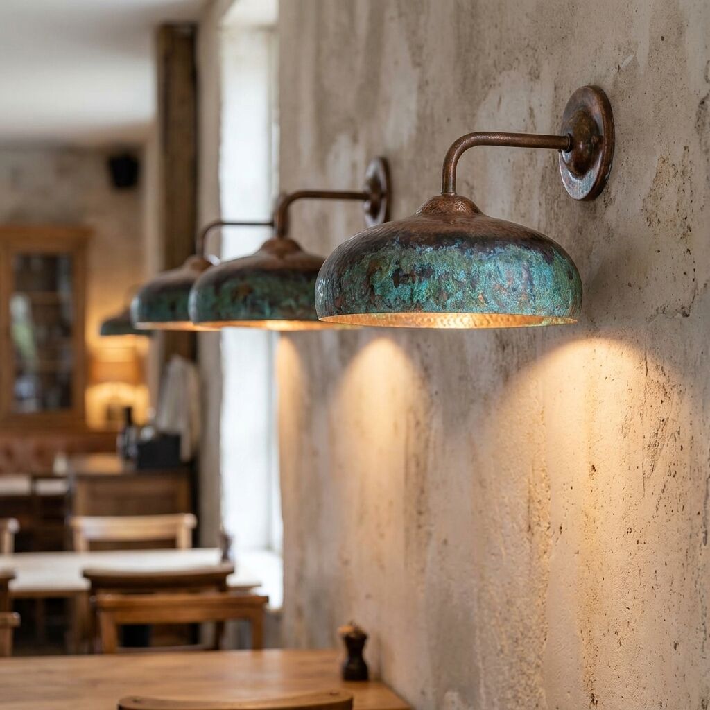 Hammered Copper Wall Lamp – Green Patina Rustic Vintage Light