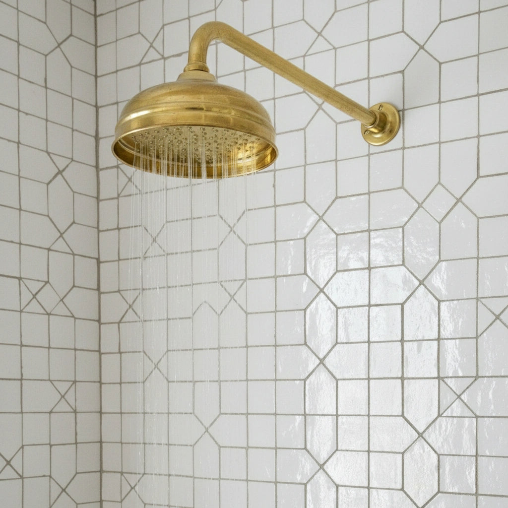 Unlacquered Brass Shower System – Wall Mount Rain Head & Cross Valves