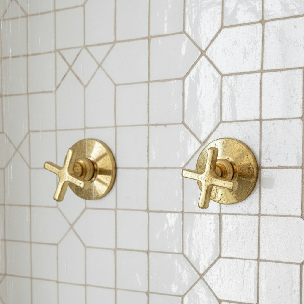 Unlacquered Brass Shower System – Wall Mount Rain Head & Cross Valves