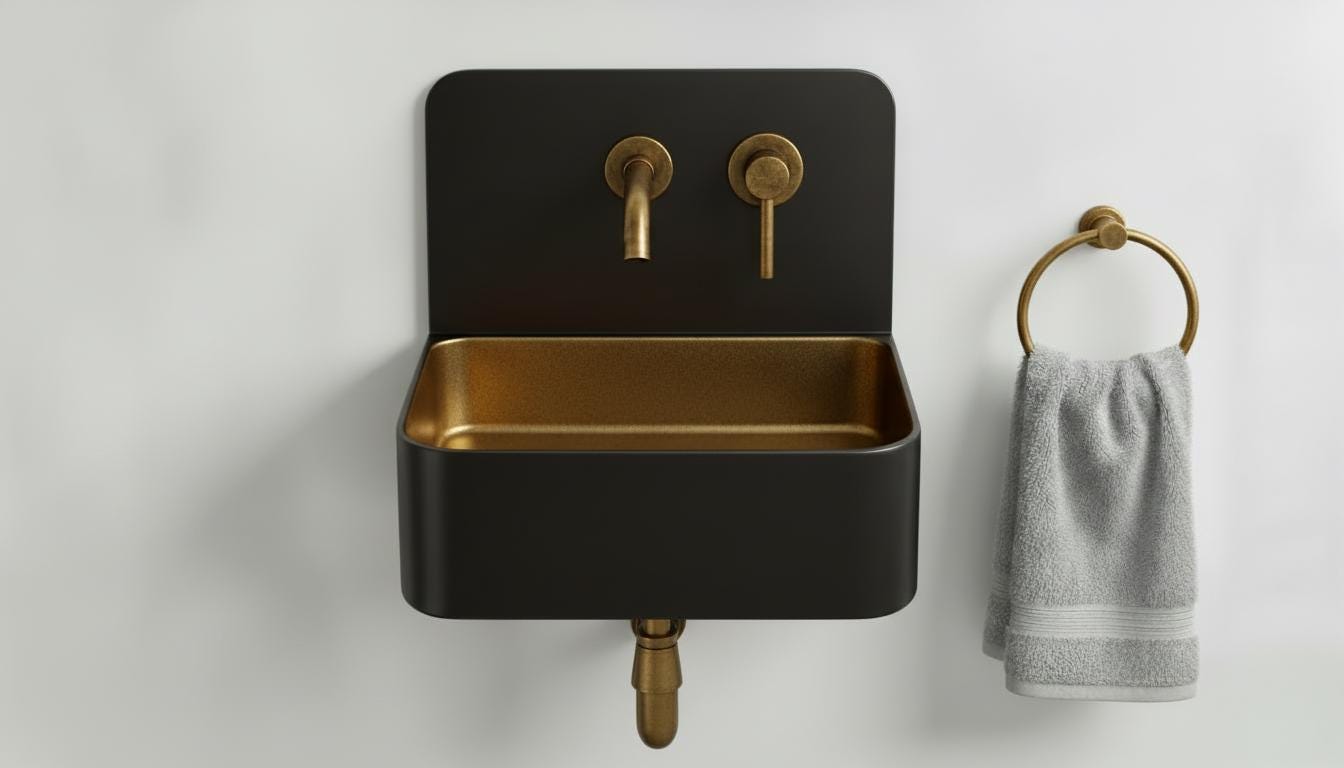 Solid Brass and black patina Wall Mounted Bathroom Sink - Handcrafted Industrial Basin - Modern Space Vanity Sink with Backsplash Set