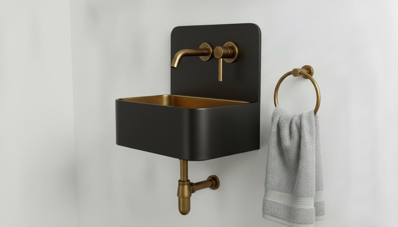 Solid Brass and black patina Wall Mounted Bathroom Sink - Handcrafted Industrial Basin - Modern Space Vanity Sink with Backsplash Set