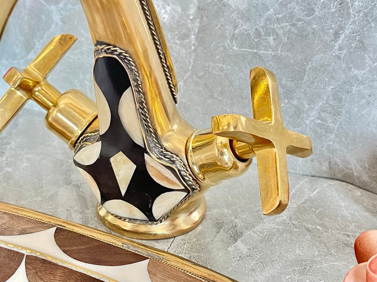 Solid Brass Bathroom Faucet - Black Resin Inlay Double Handle Tap