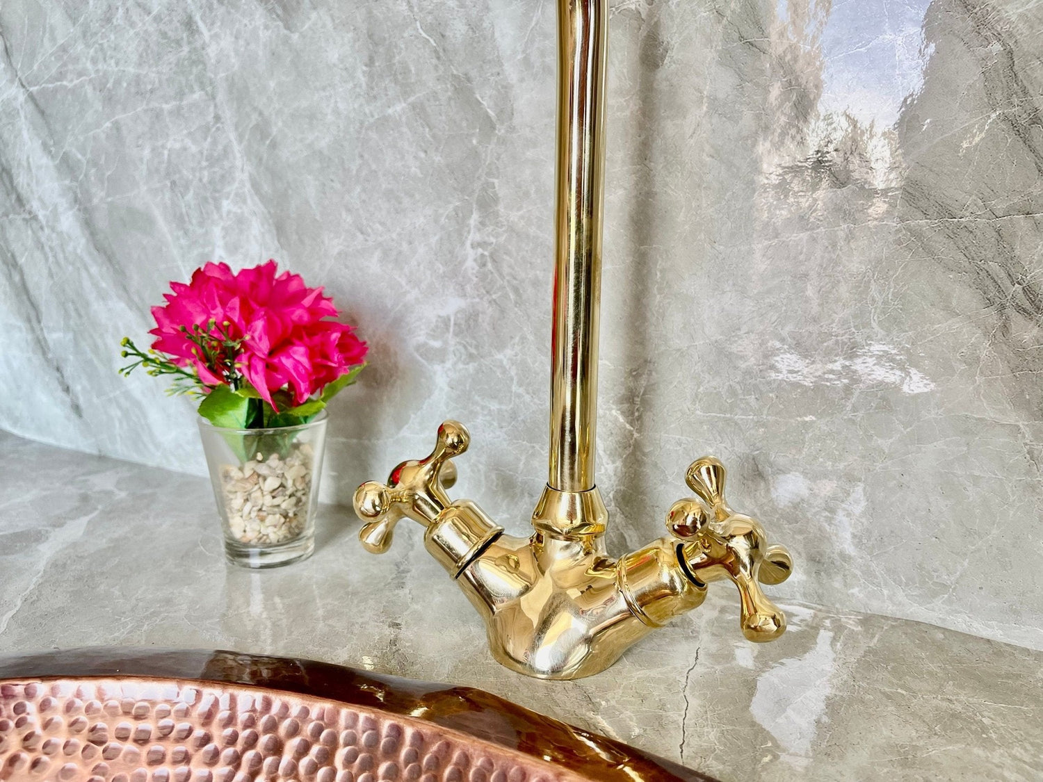 Solid Brass Bathroom Faucet - Gold Cross Handle Single Hole Mixer