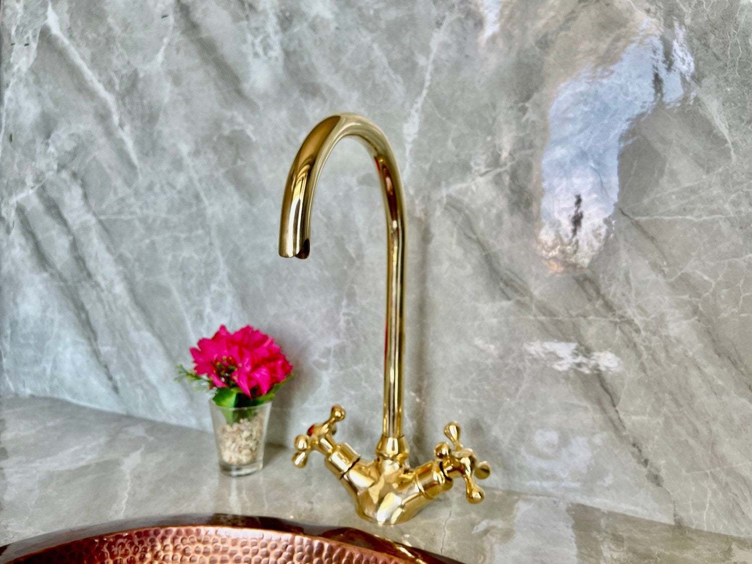 Solid Brass Bathroom Faucet - Gold Cross Handle Single Hole Mixer