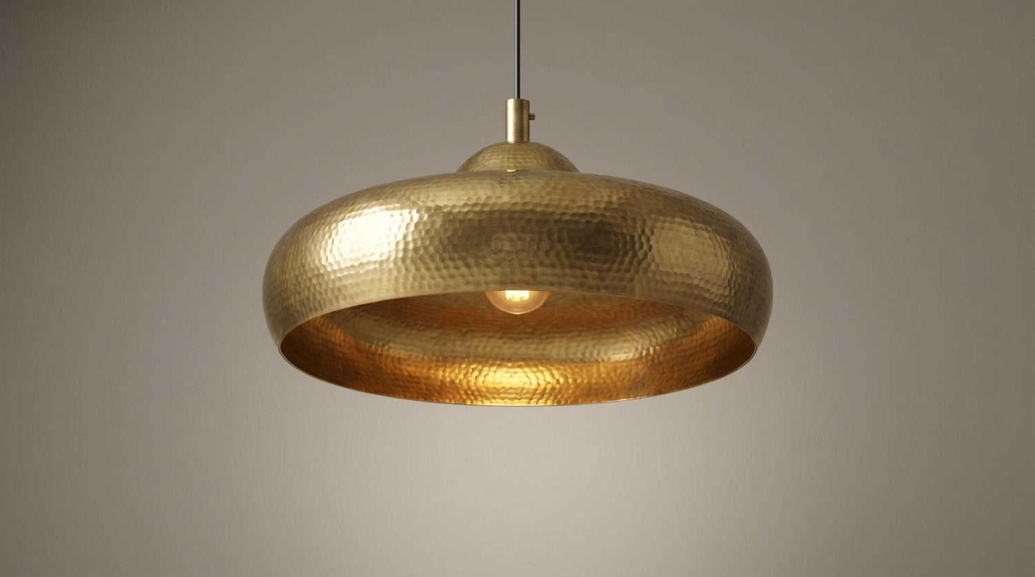 Solid Brass Dome Pendant Light | Hand-Hammered Interior Chandelier | Mid-Century Kitchen Island Lamp | Unlacquered Gold Ceiling Fixture
