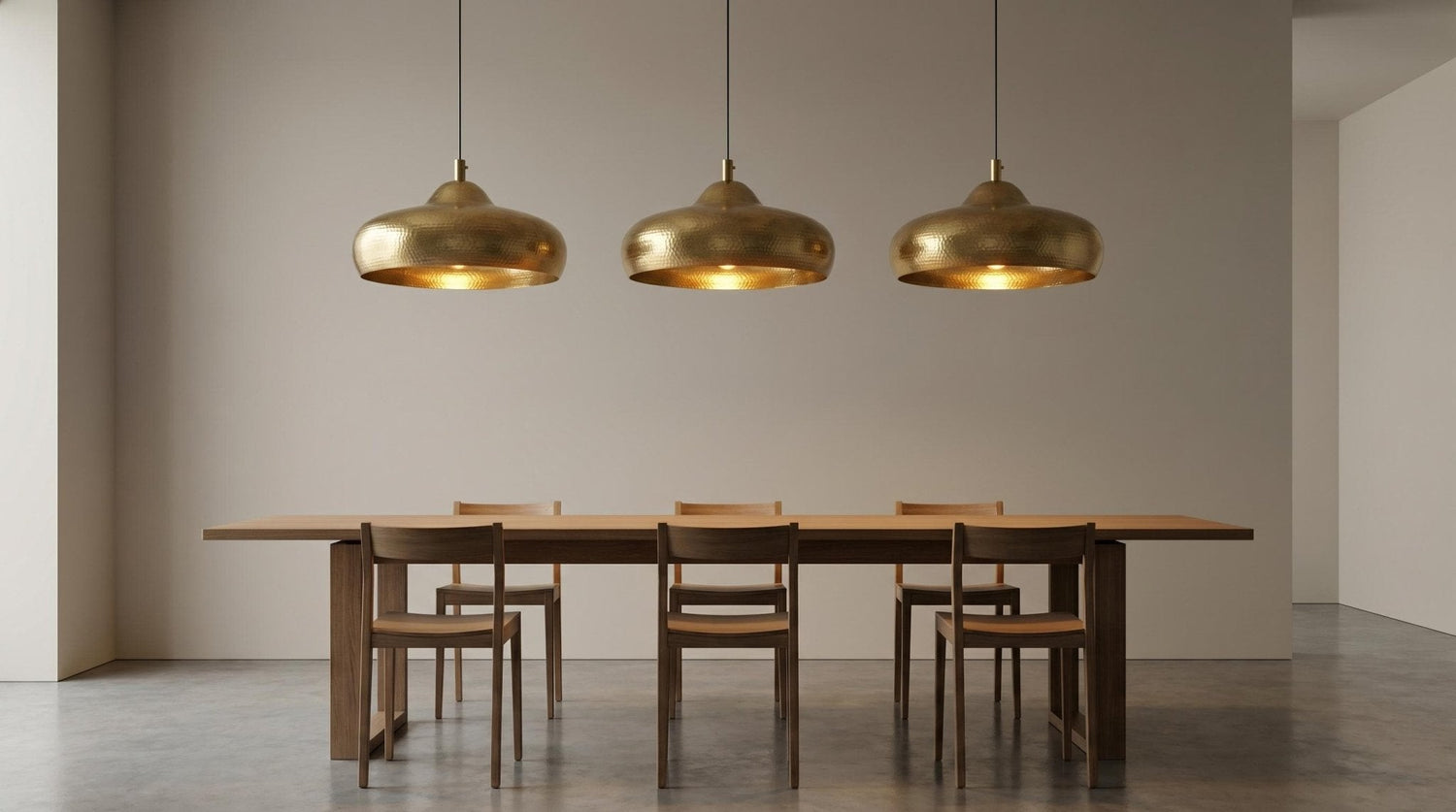 Solid Brass Dome Pendant Light | Hand-Hammered Interior Chandelier | Mid-Century Kitchen Island Lamp | Unlacquered Gold Ceiling Fixture