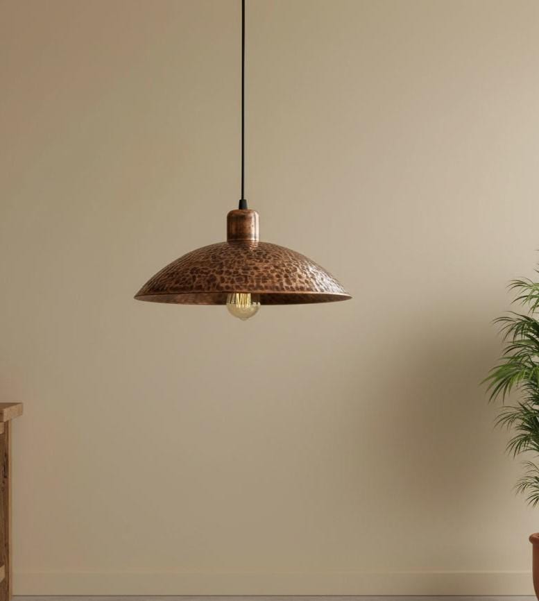 Solid Copper Pendant - Hammered Dome Light - Antique Ceiling Lamp - Rustic Kitchen Island Fixture - Wabi Sabi Lighting - Farmhouse Decor