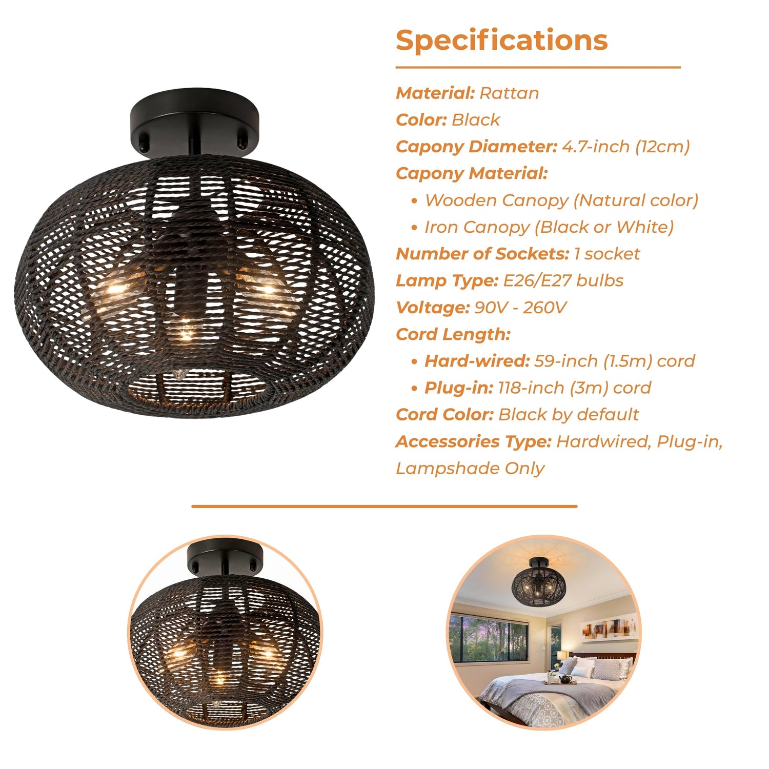 Cashmere Black Round Rattan Light Fixture - Flush Mount