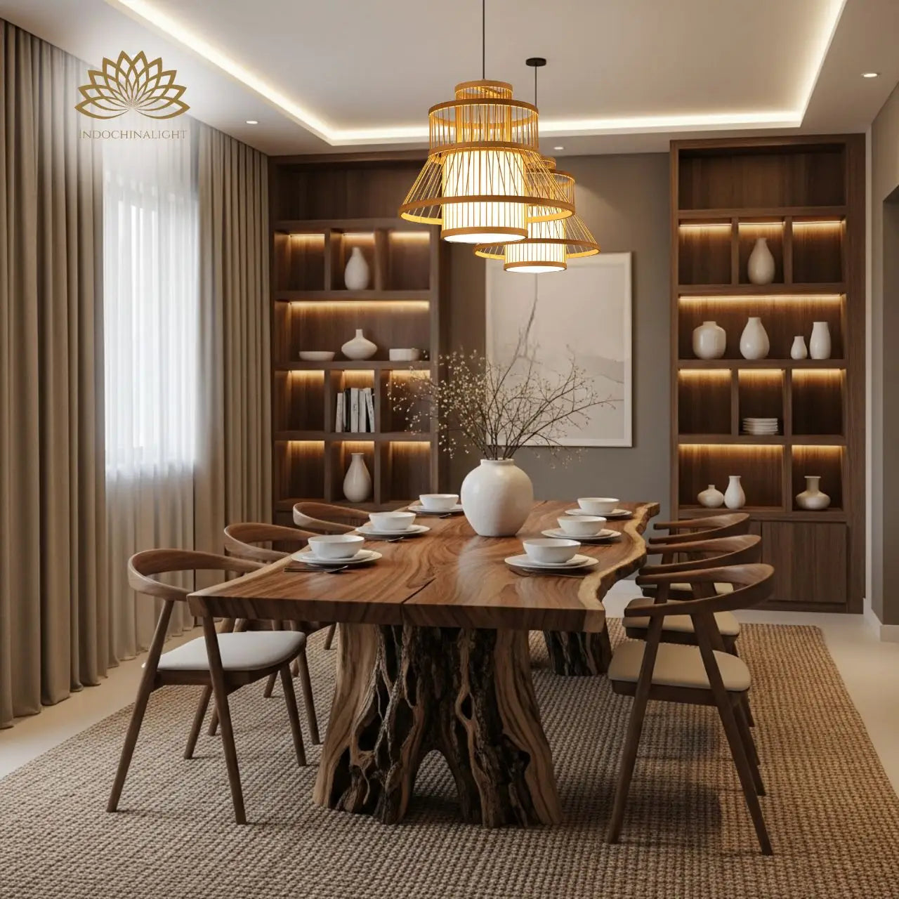 Tatami Bamboo Pendant Light fixture over dining table