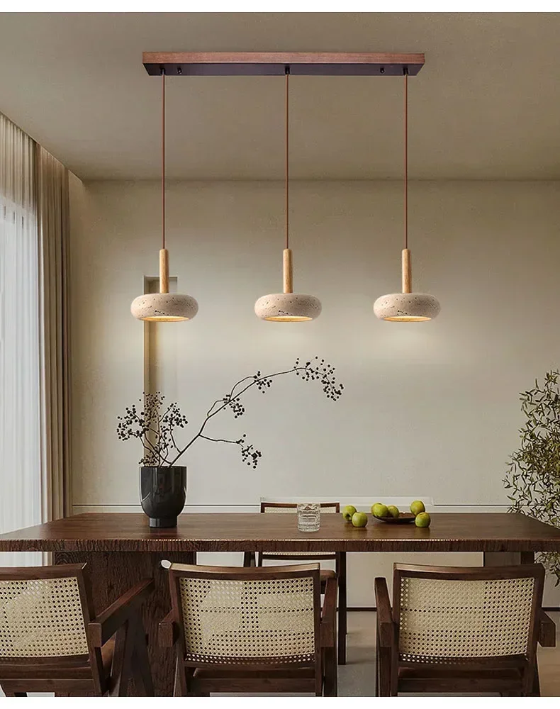 Osho Wabi Sabi Round Travertine and Wood Pendant Light