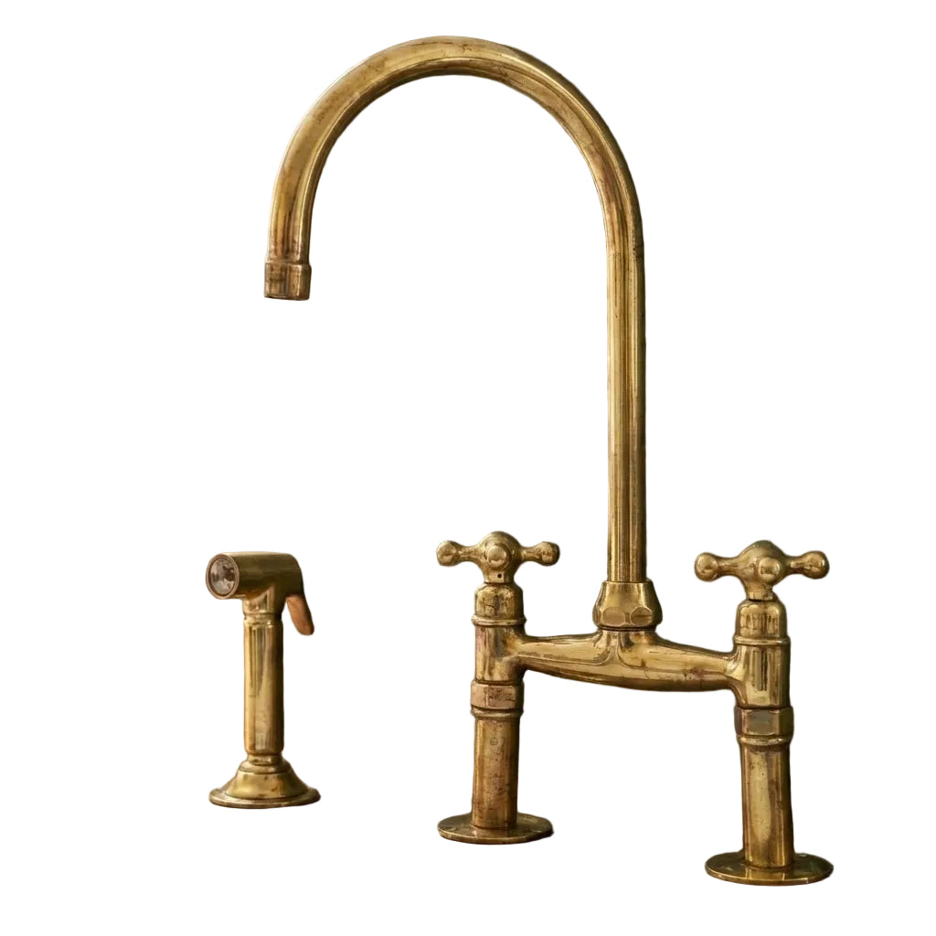 Vintage Style Brass Kitchen Faucet with High-Arc Bridge Design