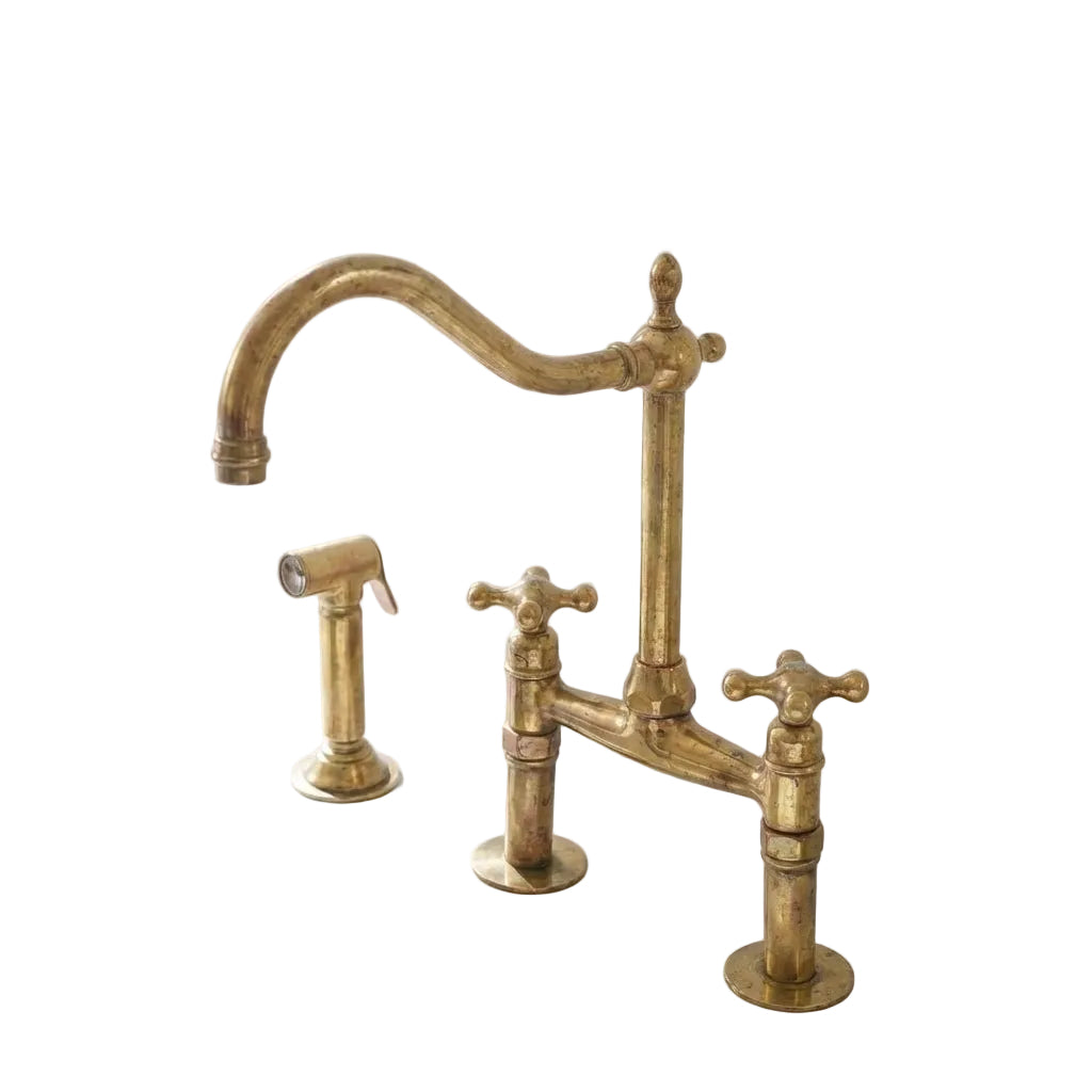 Traditional Unlacquered Brass Bridge Kitchen Faucet With Sprayer
