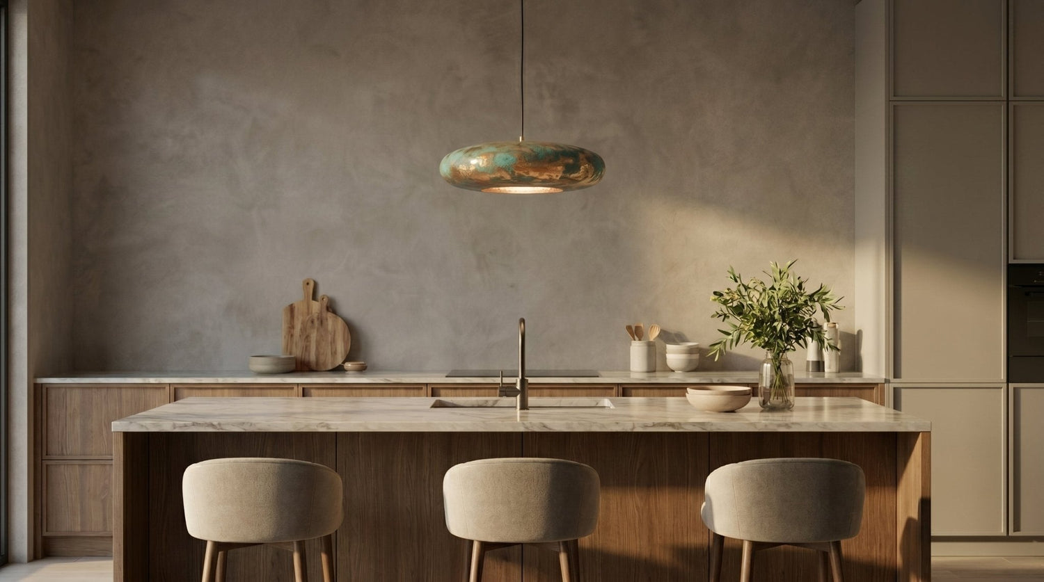 Turquoise Patina Brass Pendant Light - Green Gold Hammered Saucer Lamp
