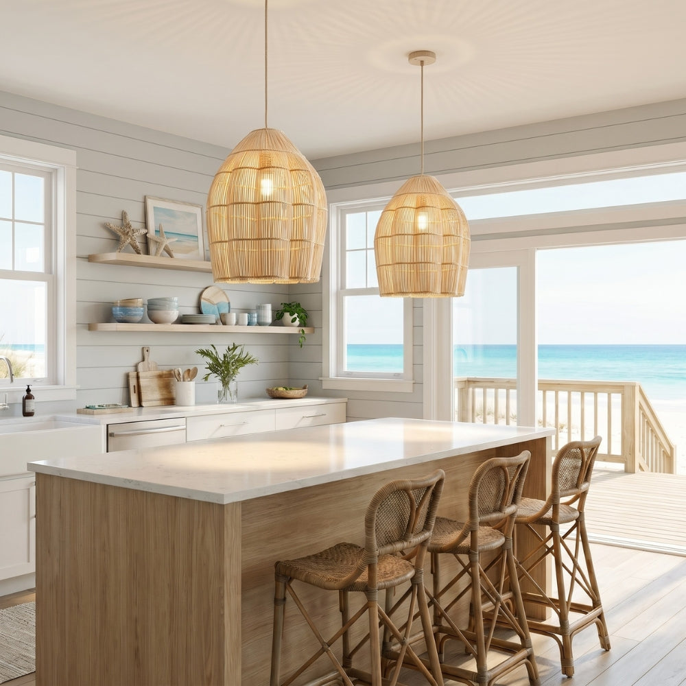 Dankia Coastal Rattan Pendant Light For Kitchen Island