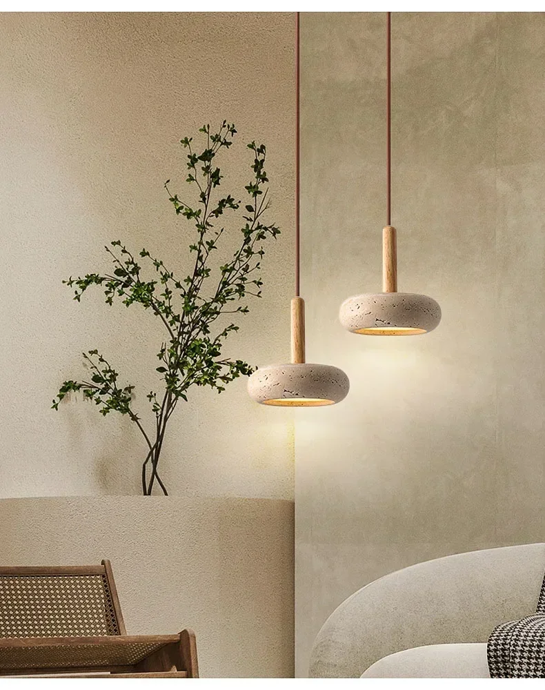 Osho Wabi Sabi Round Travertine and Wood Pendant Light