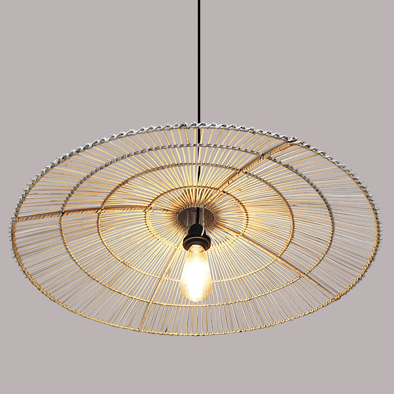 Umbrella Rattan Flat Round Pendant Light