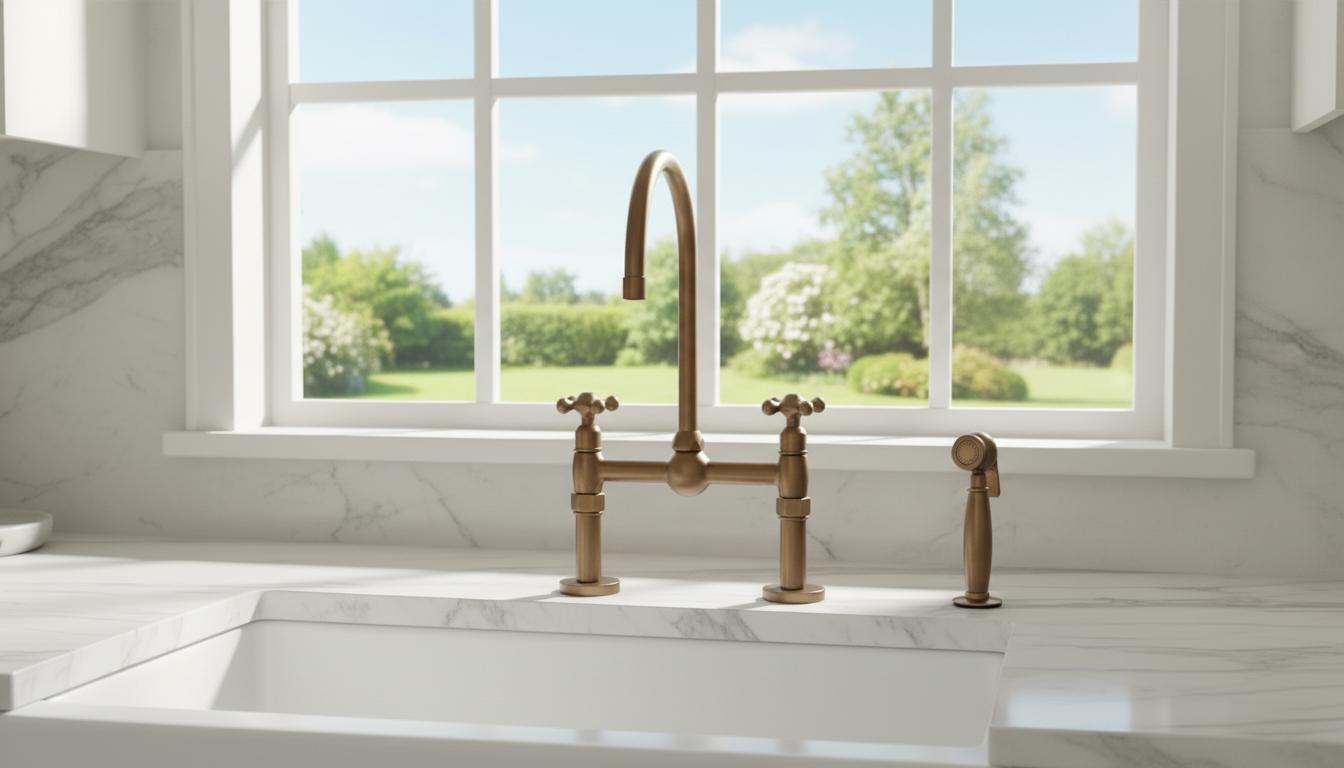 Unlacquered Aged Bronze Bridge Kitchen Faucet - Vintage Farmhouse Tap