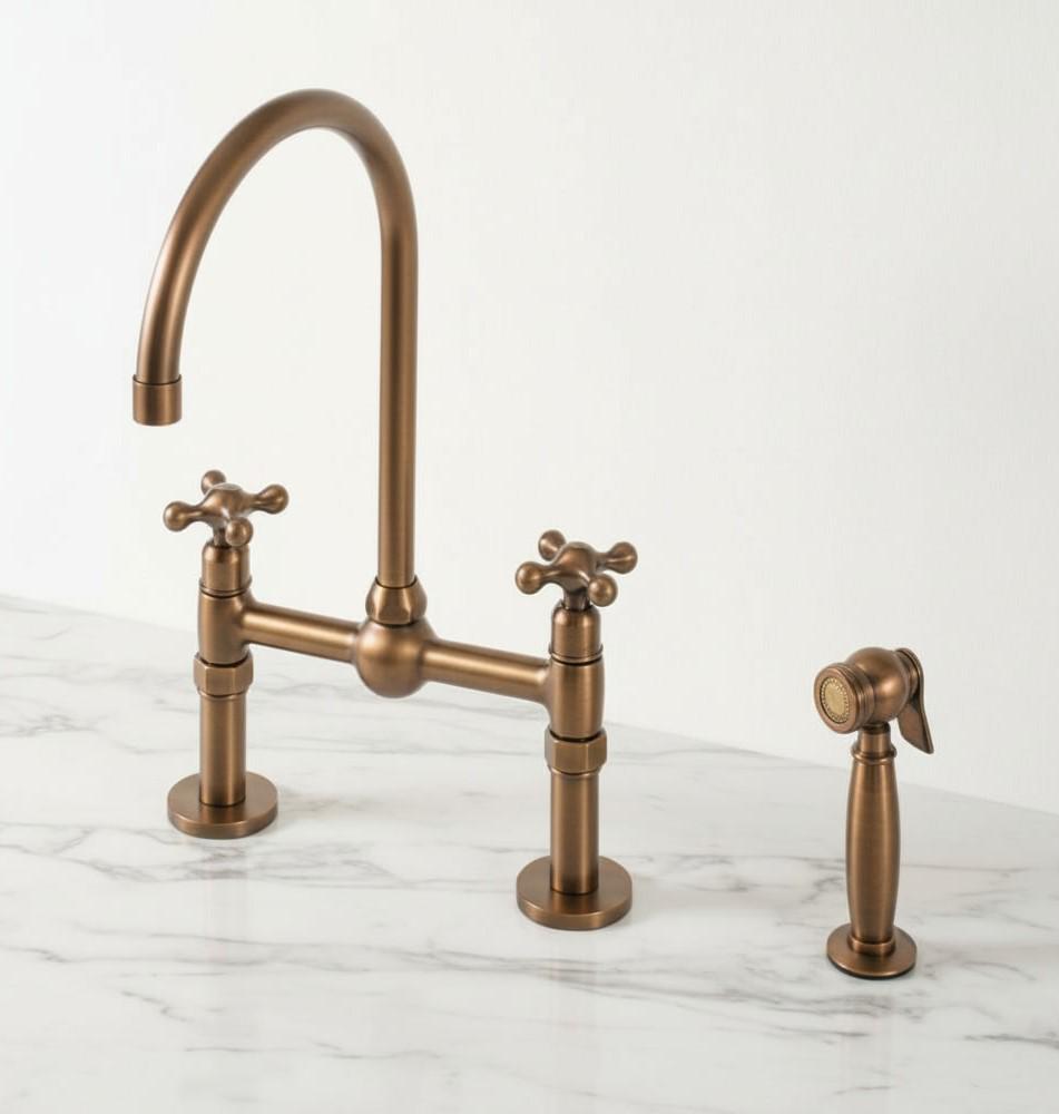 Unlacquered Aged Bronze Bridge Kitchen Faucet - Vintage Farmhouse Tap