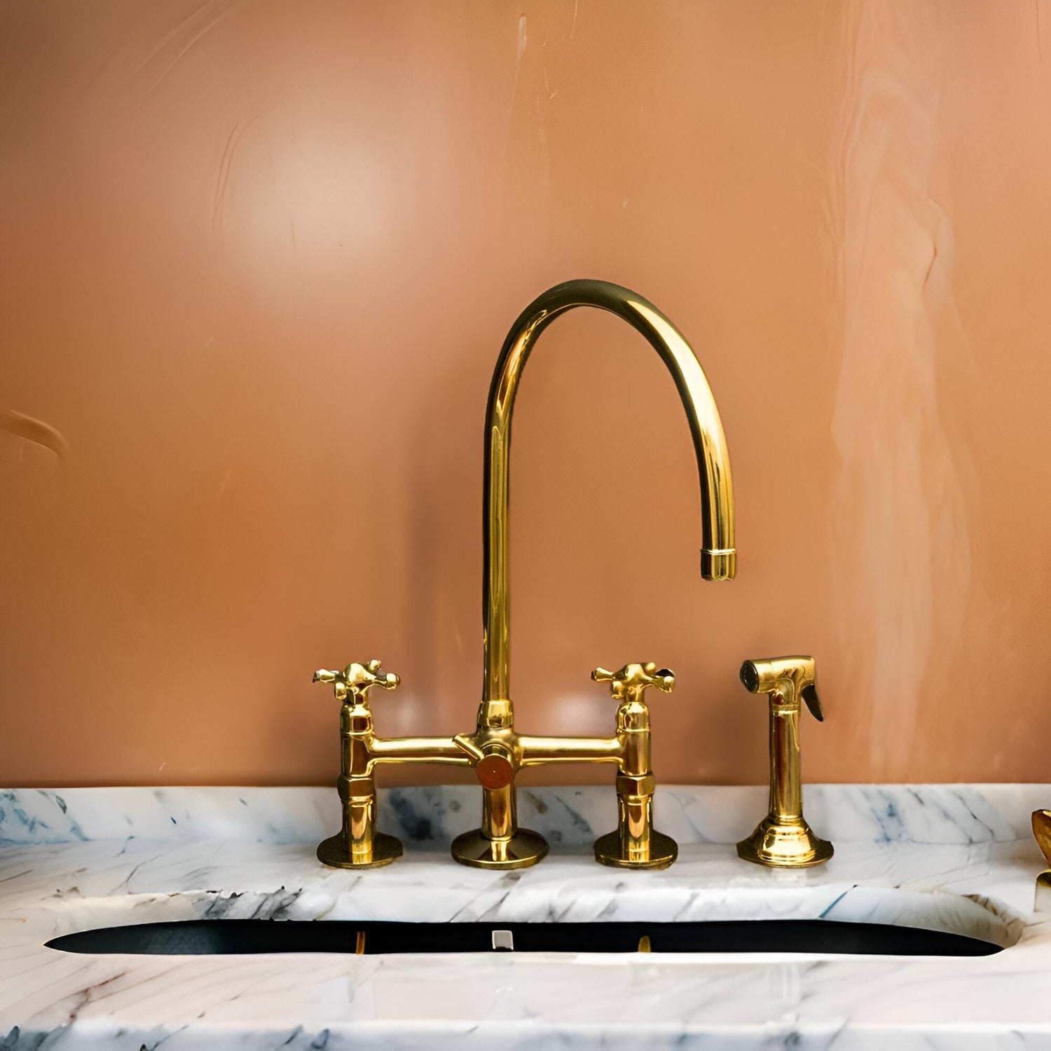 Unlacquered Brass 3-Hole Kitchen Bridge Faucet with Side Spray