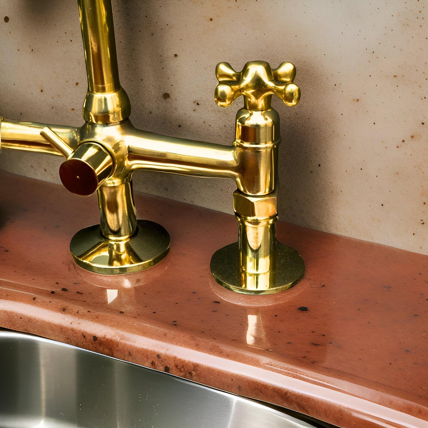 Unlacquered Brass 3-Hole Kitchen Bridge Faucet with Side Spray