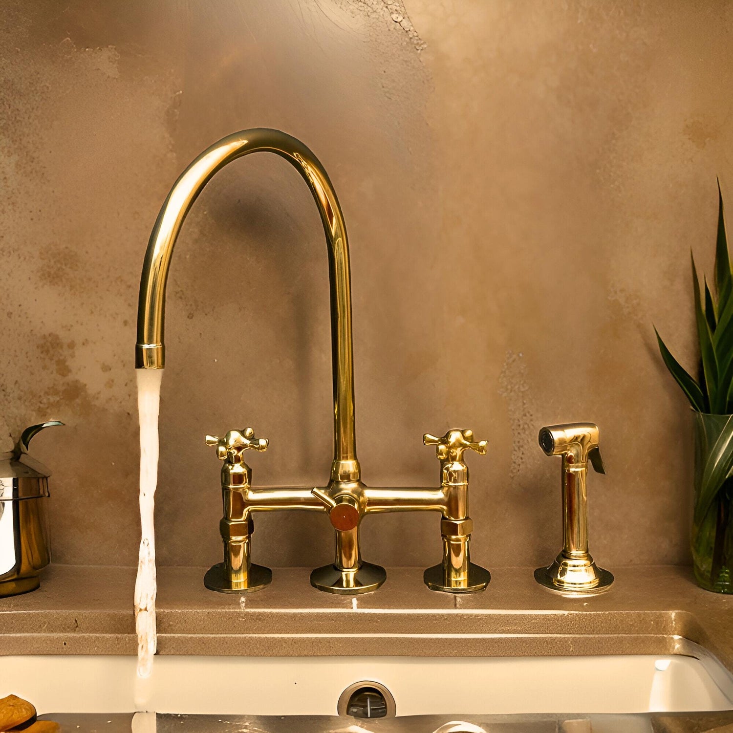 Unlacquered Brass 3-Hole Kitchen Bridge Faucet with Side Spray