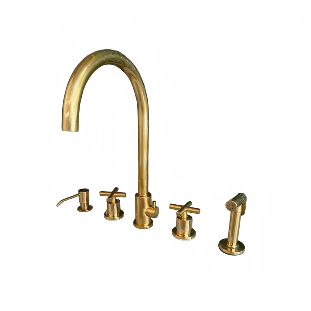 Unlacquered Brass Kitchen Faucet with Side Sprayer and Soap Dispenser
