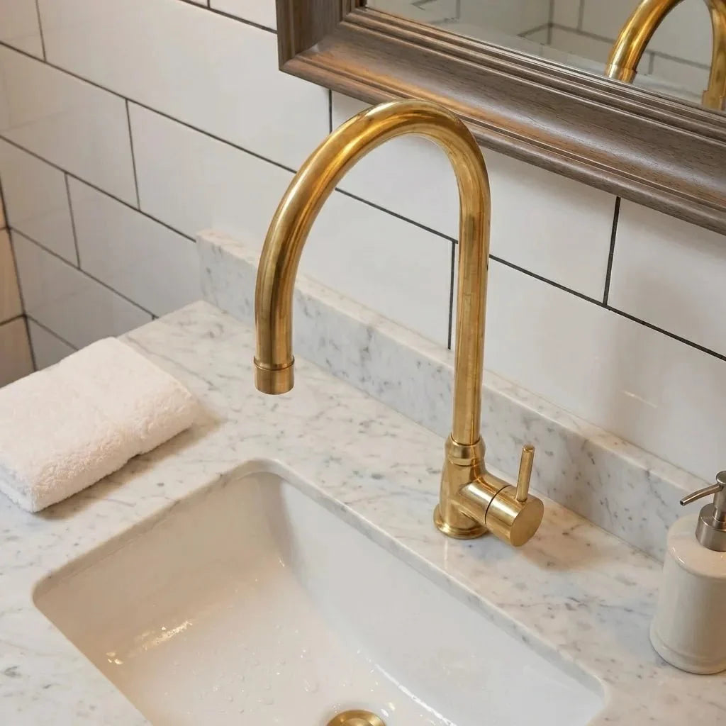 Unlacquered Brass Bathroom Faucet with Single Handle Mixer