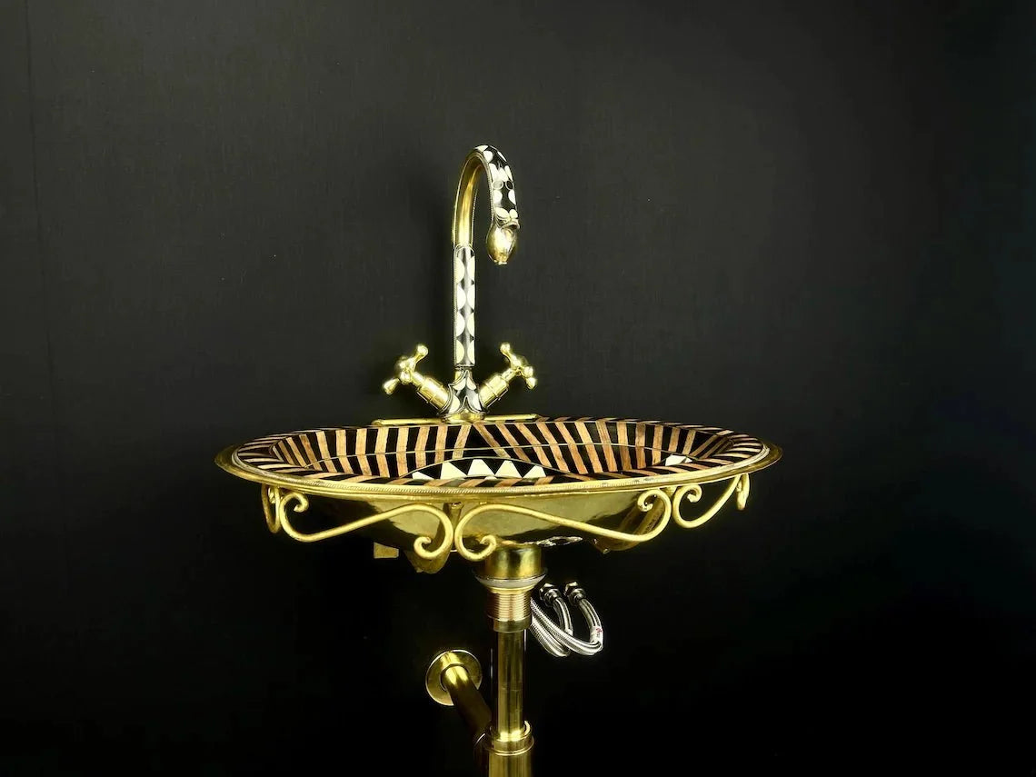 Unlacquered Brass Bathroom Sink & Faucet Set - Black Resin & Bone Inlay
