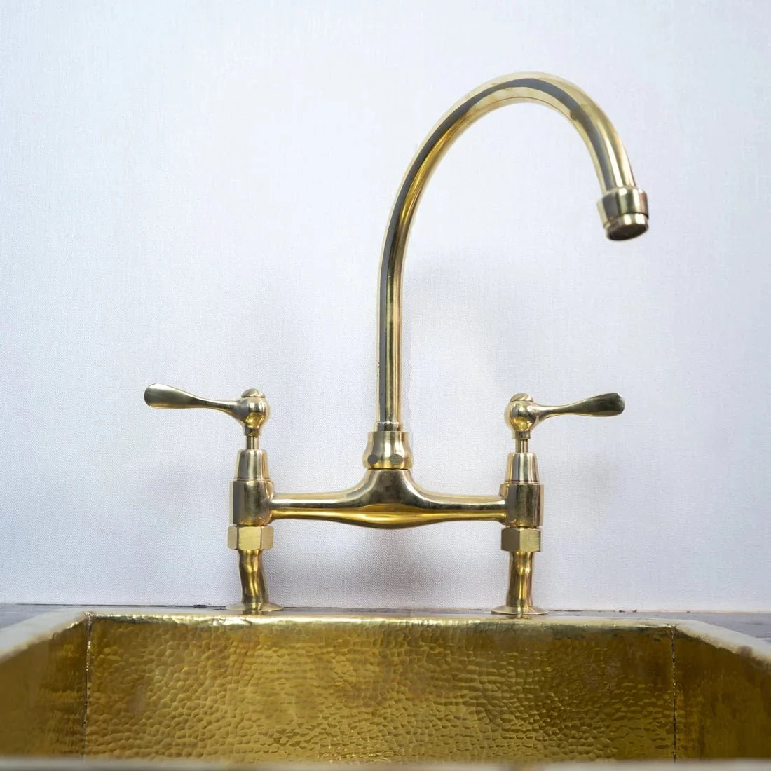 Unlacquered Brass Bridge Kitchen Faucet with Dual Handles and Gooseneck Spout