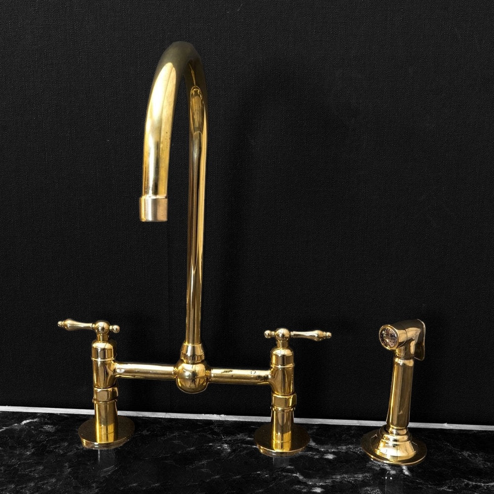 Unlacquered Brass Bridge Kitchen Faucet - Linear Legs & Lever Handles