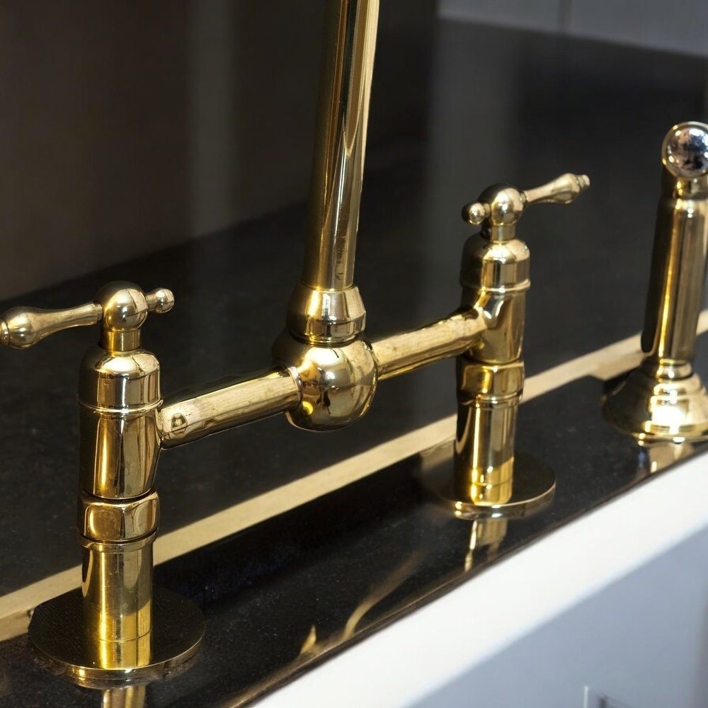 Unlacquered Brass Bridge Kitchen Faucet - Linear Legs & Lever Handles