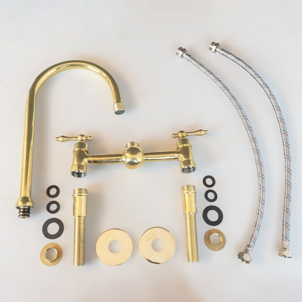 Unlacquered Brass Bridge Kitchen Faucet - Linear Legs & Lever Handles