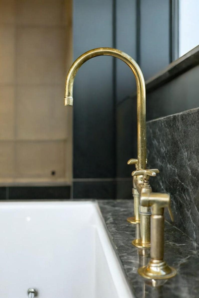 Unlacquered Brass Bridge Kitchen Faucet - Linear Legs & Side Sprayer