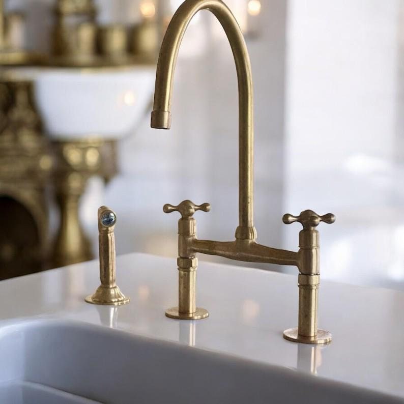 Unlacquered Brass Bridge Kitchen Faucet - Linear Legs & Side Sprayer