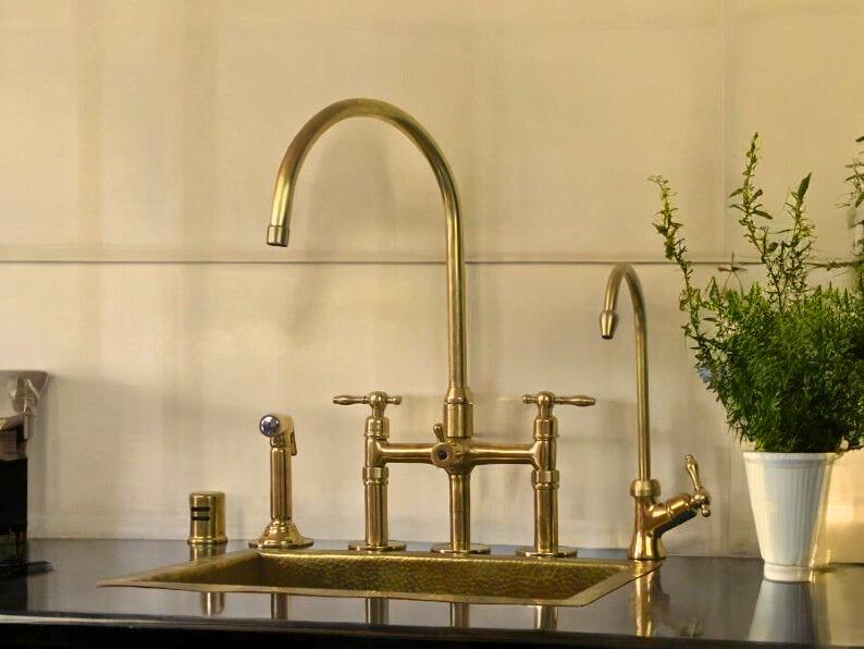 Unlacquered Brass Bridge Kitchen Faucet Set with Filter & Sprayer