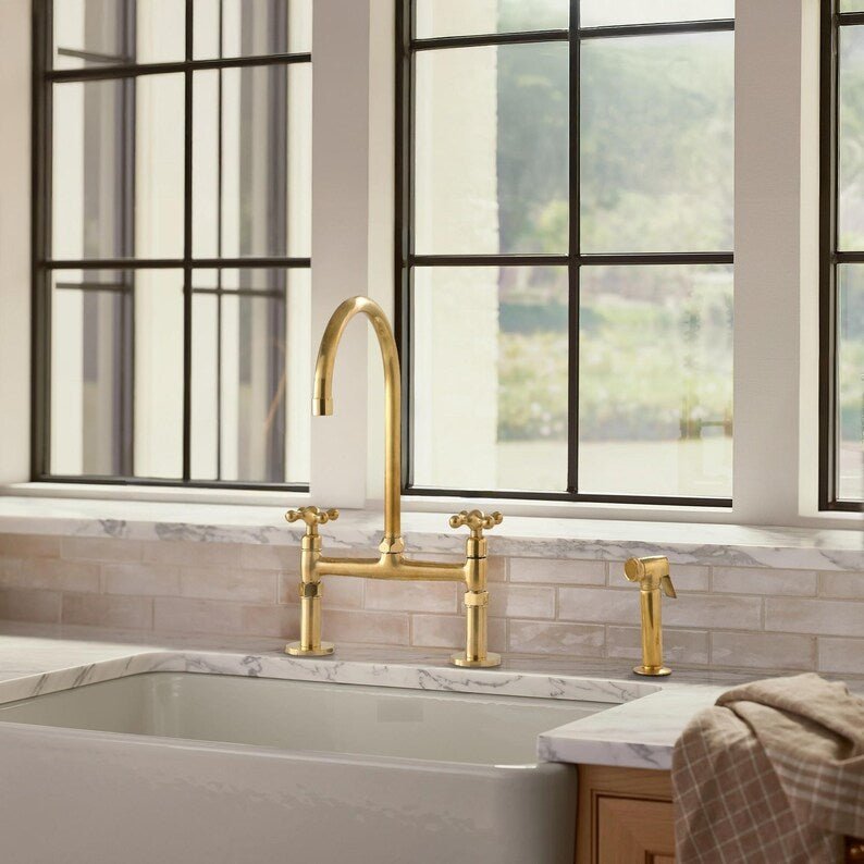 Unlacquered Brass Kitchen Faucet Set with Side Spray and Drinking Water Tap