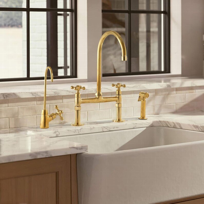 Unlacquered Brass Kitchen Faucet Set with Side Spray and Drinking Water Tap