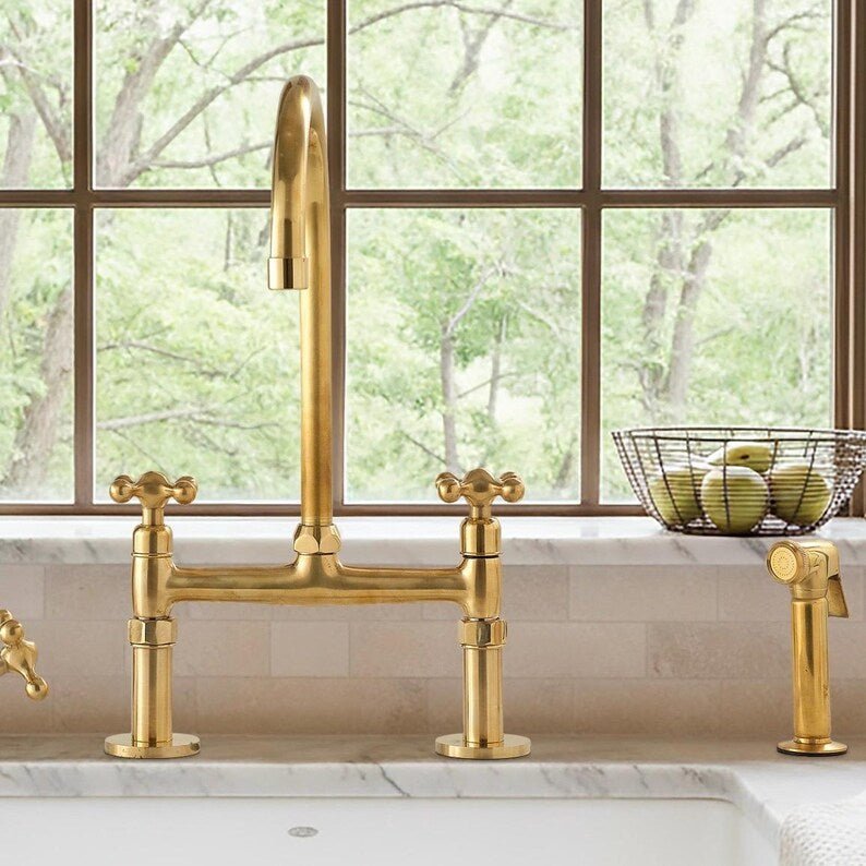 Unlacquered Brass Kitchen Faucet Set with Side Spray and Drinking Water Tap